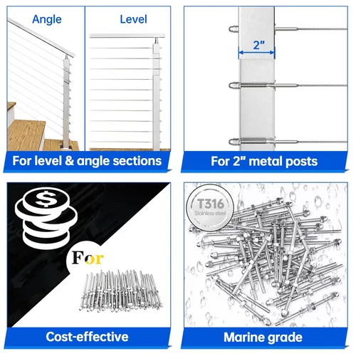 Miniatura 30 de Muzata Paquete de 10 accesorios de barandilla de cable negro de 1/8 pulgadas, tensor roscado a mano para poste de metal de 2 x 2 pulgadas, sistema