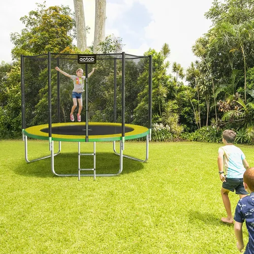 Miniatura 3 de AOTOB Trampolín de 8 pies, 10 pies, 12 pies, 14 pies, 15 pies, con red de seguridad, trampolín para exteriores con aro de baloncesto, alfombrilla