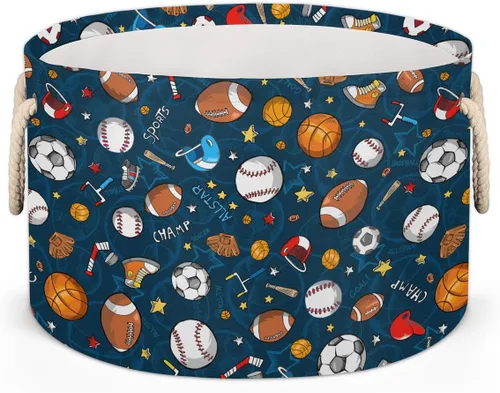 Miniatura 11 de Cesta de almacenamiento redonda grande de béisbol, canasta de almacenamiento circular plegable para béisbol, con asa para niños, manta de juguetes