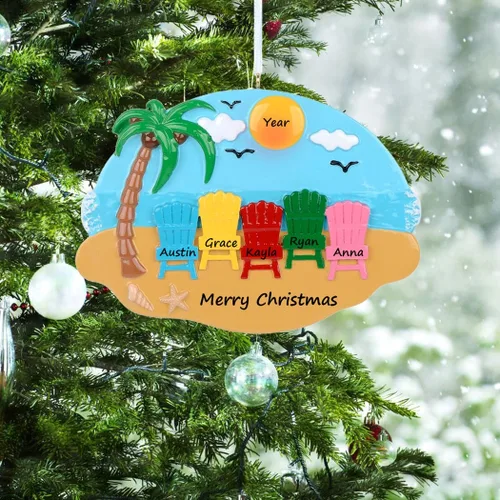 Miniatura 2 de Adorno de Navidad familiar 2024 – Adorno personalizado para vacaciones de playa para familia de 5 – Adorno de vacaciones de sillas en la playa