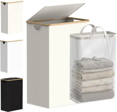 Miniatura 23 de efluky Cesta de lavandería con tapa y bolsa extraíble, cesta de lavandería de 100 litros de alto con asas de bambú, papelera estética para ropa Gris
