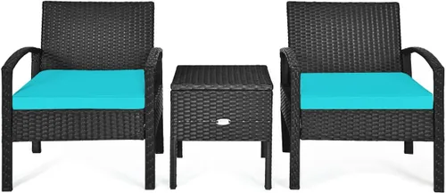 RELAX4LIFE Juego de 2 sillas de patio con mesa auxiliar, juego de 3 sillas de porche con cojines extraíbles y mesa de cristal, sillas de mimbre para