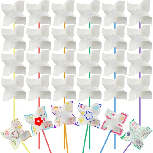 Poen 24 piezas de molinetes de papel para manualidades, color a granel, tus propios molinetes blancos, actividades de verano, artes, manualidades de