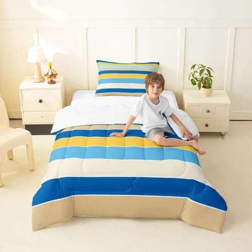 Miniatura 50 de jejeloiu Juego de edredón geométrico para niños, tamaño individual, diseño de rayas de color negro, blanco y gris, juego de ropa de cama decorativo