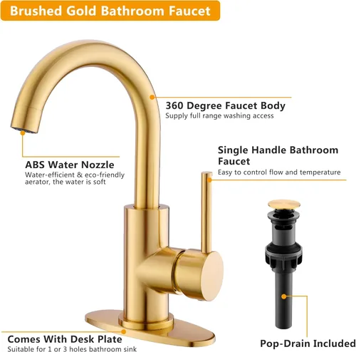 Miniatura 4 de Grifos de Baño Dorados – Grifo de Lavabo de Cascada de Un Solo Agujero con Conjunto de Drenaje, Grifos de Baño de Cascada de Oro Cepillado con Caño