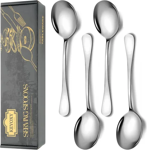Miniatura 9 de Juego de 4 cucharas de servicio de acero inoxidable, 10 pulgadas, incluye 2 grandes, 2 ranuradas, para fiestas, cocina, bufé, catering, apto