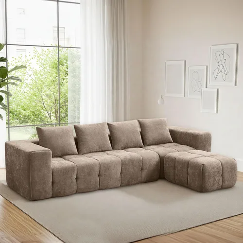 Miniatura 10 de Sofá modular sin hueso de 119 pulgadas para sala de estar, moderno sofá modular copetudo con asiento profundo y otomana móvil, sofá de felpilla