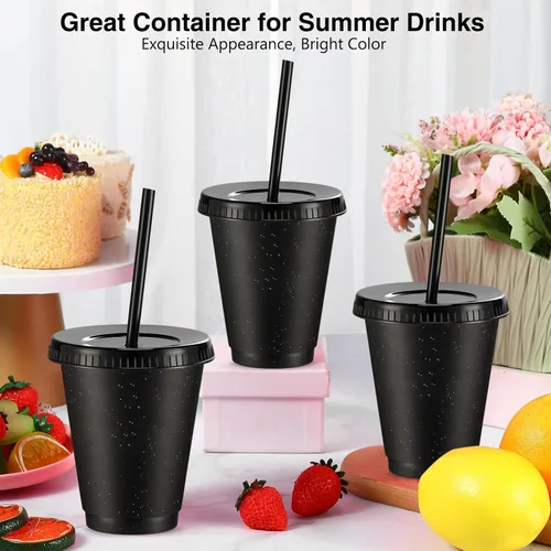 Miniatura 4 de Rtteri 15 vasos reutilizables con popotes y tapas, vasos de plástico con purpurina de 16 onzas, vasos de plástico para recuerdos de fiesta con Negro