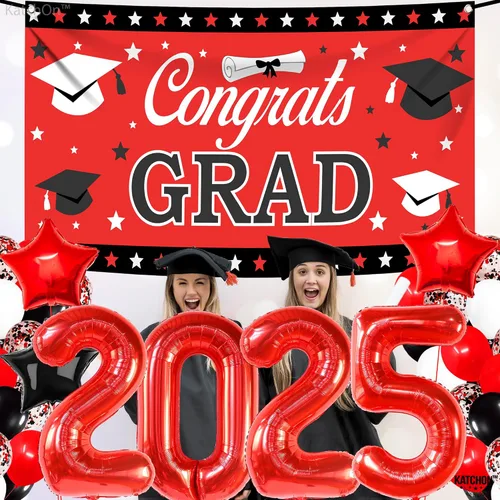 Miniatura 7 de KatchOn, Juego de 40 decoraciones de graduación rojas y negras 2025, globos rojos 2025, pancarta de felicitaciones para graduación de clase de 2025
