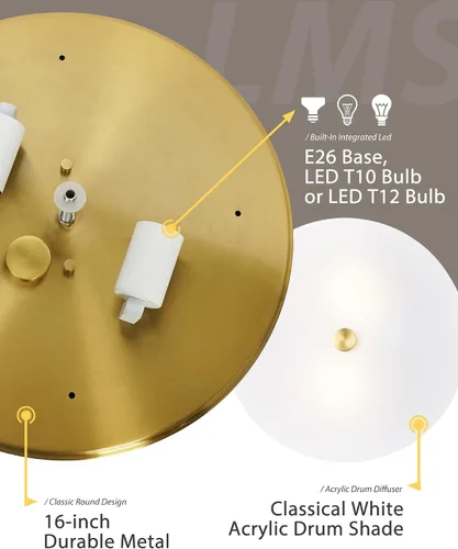 Miniatura 6 de LMS Lámpara de techo empotrada, moderna lámpara de techo de baño dorada cepillada con tambor blanco lechoso pantalla acrílica para cocina, sala
