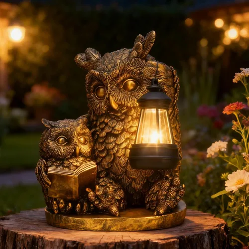 Miniatura 9 de Estatua de jardín al aire libre accionada por energía solar, estatua de resina con linterna de luz solar, césped decorativo, decoración de búho al