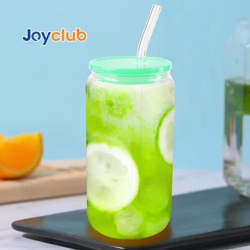 Miniatura 7 de Joyclub 4 piezas de vasos de vidrio con tapas acrílicas y pajitas 16 oz Vasos de café helado con tapas y pajitas en forma de lata, lindos vasos