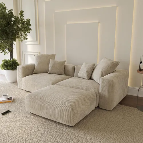 WJShome Cloud Couch Sofá Seccional Modular, Sofá en Forma de L de 102 pulgadas con Otomana, Sofá de Pana Beige de 3 Asientos, Sofá Seccional
