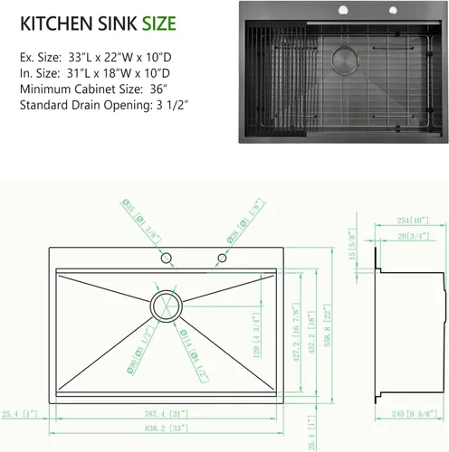 Miniatura 4 de Fregadero de cocina de 33 x 22 pulgadas, fregadero de cocina negro de 33 pulgadas, fregadero de estación de trabajo de acero inoxidable 304 negro