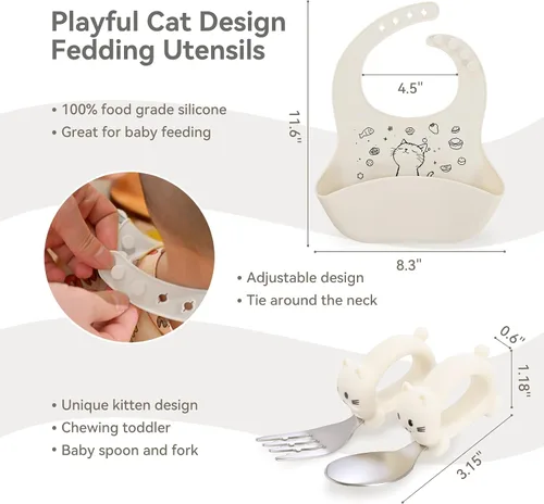 Miniatura 5 de Baby Travel Essentials - Juego de 6 platos para niños pequeños con succión, cuchara y tenedor de acero inoxidable 304, babero plegable de silicona