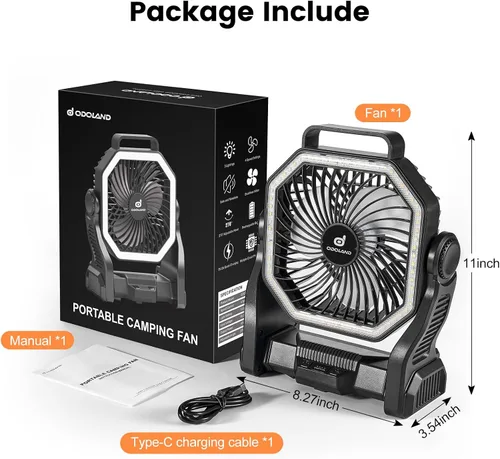 Miniatura 8 de Odoland Ventilador de campamento recargable, ventiladores de batería de 20000 mAh con linterna LED para tienda de campaña, auto, tormenta de playa