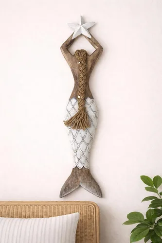Miniatura 2 de OMA Arte de pared de sirena para decoración del hogar, playa náutica costera, madera, sirena, estrella, estatua colgante, escultura para decoración