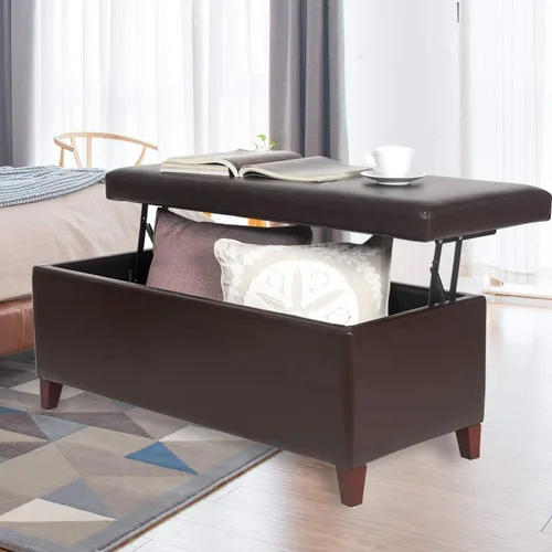 Miniatura 9 de Joveco Mesa auxiliar rectangular con bandeja elevadora, banco otomano de almacenamiento con patas de metal, banco tapizado en el extremo de la cama