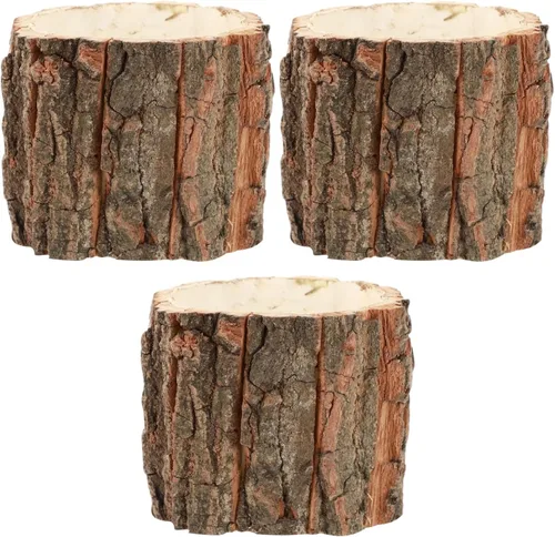Miniatura 9 de Yardwe 3 macetas rústicas con diseño de corteza, macetas decorativas de aspecto de madera para suculentas, recipientes pequeños para plantas
