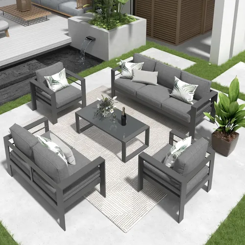 Miniatura 8 de Solaste Juego de muebles de aluminio para patio, 5 piezas, moderno juego de conversación al aire libre, sofá seccional con cojín mejorado y mesa