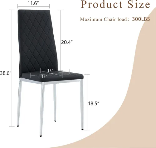 Miniatura 2 de Juego de 4 sillas de comedor modernas, de piel sintética negra, juego de 4, sillas tapizadas con respaldo alto con patas de metal plateado