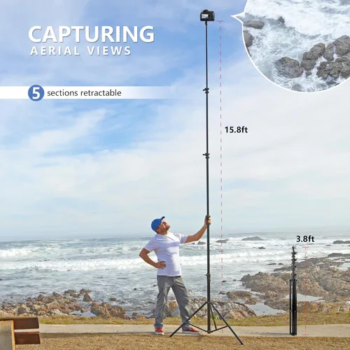 Miniatura 2 de 【Resistente de 16 pies】Trípode RAUBAY Extreme Tall para cámara de video deportiva con amortiguación de aire, soporte de luz telescópico de aleación