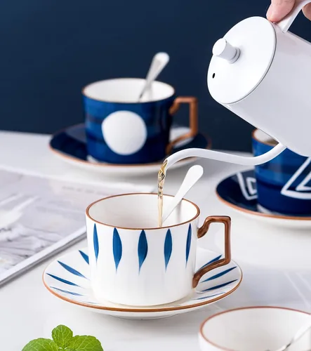 Miniatura 6 de Jusalpha Estilo japonés impreso a mano - Taza de té de porcelana fina de 7 onzas/taza de café con cuchara y bandeja/platillo, vajilla, porción de 4