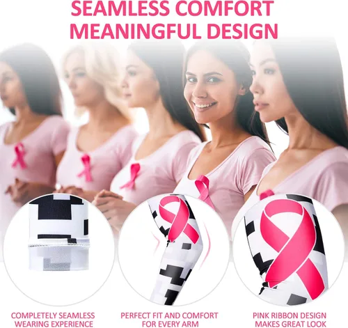 Miniatura 3 de Geyoga 4 pares de mangas de concientización sobre el cáncer de mama, mangas de compresión de enfriamiento con cinta rosa, protección UV
