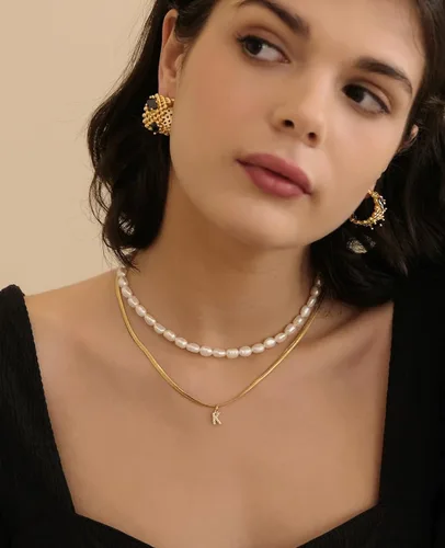 Miniatura 4 de InzheG Gargantilla de perlas de agua dulce, chapado en oro de 14 quilates, hecho a mano, delicado collar de perlas de oro cultivado barroco