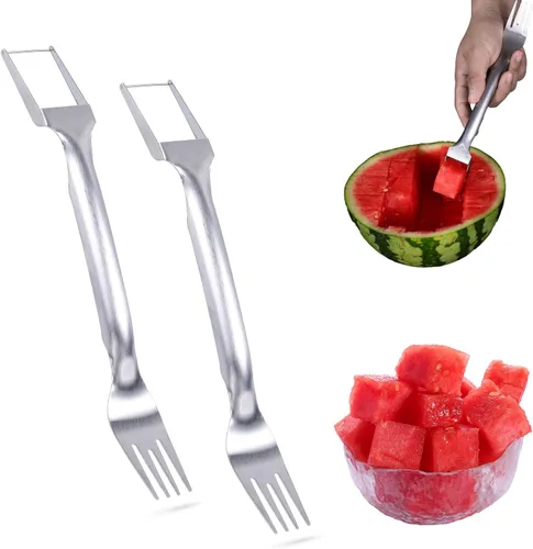 2 piezas 2 en 1 cortador de tenedor de sandía, cortador de sandía 2024, tenedor de corte de fruta de sandía de verano, tenedores de frutas de acero