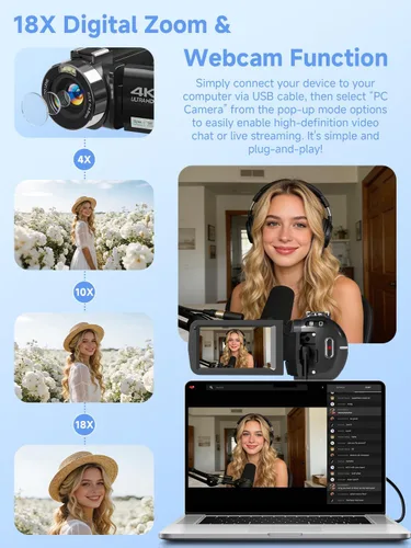 Miniatura 6 de Cámara Digital, Cámara de Video 4K Camcorder UHD 56MP WiFi para Vlogging, Zoom Digital 18X, Visión Nocturna IR, Cámaras con Pantalla Táctil de 3