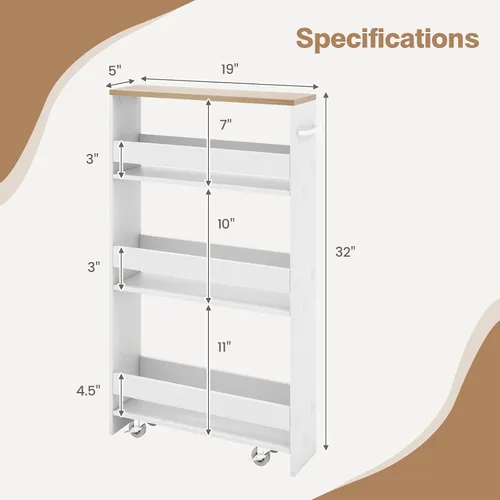 Miniatura 6 de Carrito con ruedas de almacenamiento delgado, estantería lateral de 4 niveles con asa, organizador móvil con ruedas para lavandería, baño, oficina