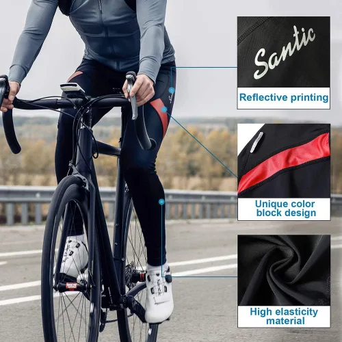 Miniatura 4 de Santic Mallas de ciclismo con peto para hombre, acolchadas, largas acolchadas con bolsillo