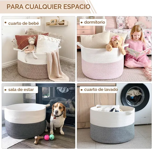 Miniatura 9 de INDRESSME Cesta de Cuerda de Algodón XXXLarge 21.7" x 21.7" x 13.8" Cestas Tejidas para Ropa de Bebé Cestas de Mantas Cesta de Juguetes con Textura