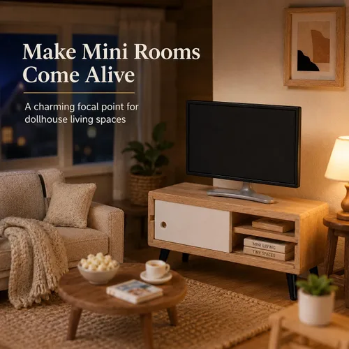 Miniatura 7 de NUOBESTY Mueble de TV y madera para casa de muñecas, monitor de juguete realista a escala 1/12, soporte de TV en miniatura moderno para casa