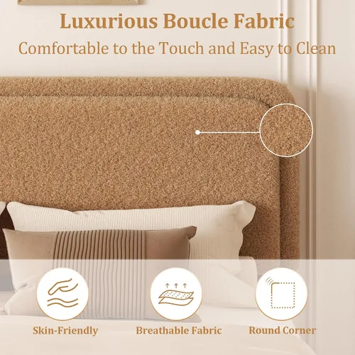 Miniatura 3 de Marco de cama tapizado Boucle de tamaño matrimonial con cabecera ajustable, cama de nube suave, no necesita somier, fácil montaje, sin ruido