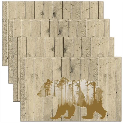 Miniatura 5 de Lodge - Juego de 4 manteles individuales de cabina con diseño de silueta de pino y oso gris, tapetes de cocina para mesa de comedor, animales