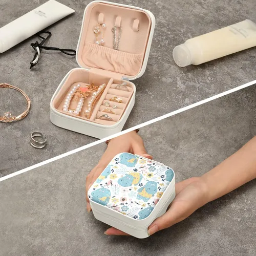 Miniatura 5 de ZZKKO Joyero pequeño con diseño floral de hipopótamo, joyero de viaje, organizador de viaje de cuero, mini cajas de almacenamiento portátiles