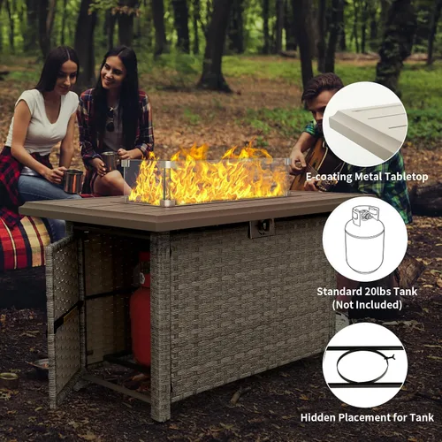 Miniatura 8 de WAROOM Fogata de propano para exteriores, mesa de fogata de patio de mimbre PE de 43 pulgadas con protector contra el viento de vidrio, vidrio