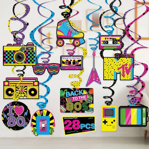 Miniatura 7 de Bessmoso 28 decoraciones de fiesta de los años 80: espirales colgantes retro y serpentinas de techo para cumpleaños de los años 80, suministros
