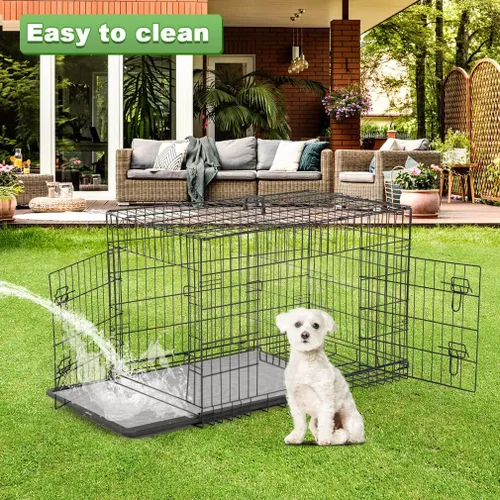 Miniatura 6 de BestPet Jaula para perros 36 pulgadas Negro Perrera de metal plegable con puertas dobles, pestillos seguros de perno deslizante, bandeja a
