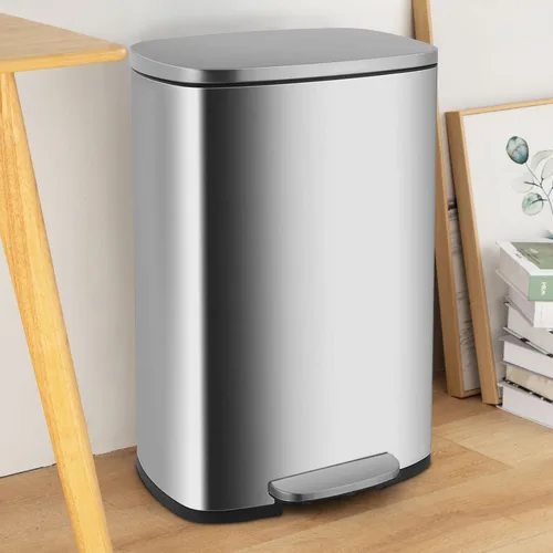 Miniatura 2 de Basurero de acero inoxidable a prueba de huellas dactilares con cubo interno extraíble y tapas con bisagras, con pedal, de 13.2 galones (50 l)