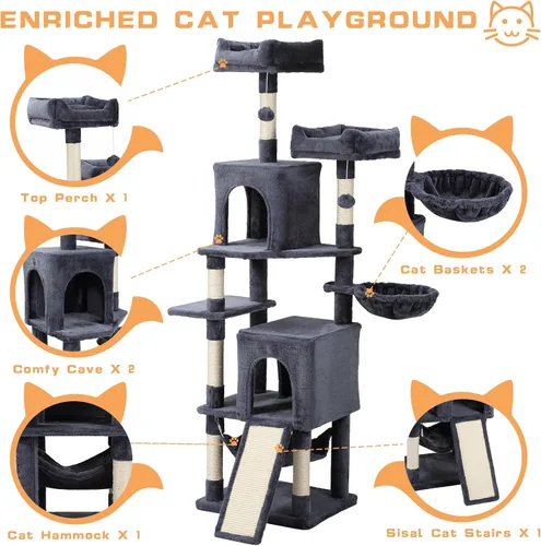 Miniatura 3 de LETKIND - Árbol para gatos, torre de gatos de 70 pulgadas con hamaca, poste para rascar, condominio y torre de gatos de múltiples niveles, gran Gris