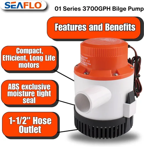 Miniatura 3 de SEAFLO Bomba de sentina de la serie 01 3700GPH Bomba sumergible marina de 12 V con salida de alta capacidad, protección antibloqueo de aire, 4 años