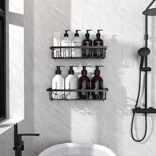 Miniatura 8 de Getsrichfc Organizador adhesivo para ducha, estantes de ducha con 16 ganchos, estante a prueba de óxido de esquina de pared para baño interior, sin