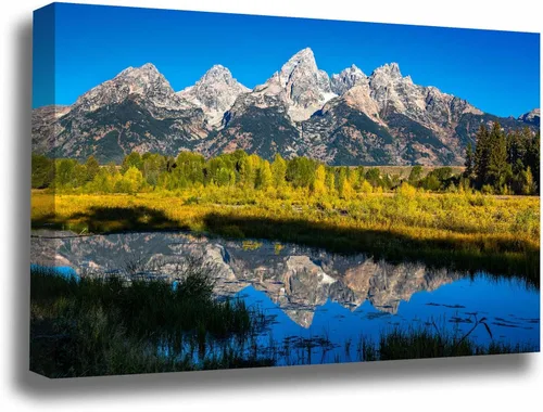 Rocky Mountain Canvas Wall Art (Ready to Hang) Gallery Wrap of Grand Teton Reflecting Off Water at Schwabacher Landing in Wyoming Western