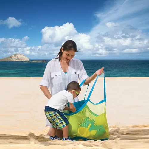 Miniatura 4 de JOYFISCO Bolsa de playa de malla, paquete de 2 juguetes de arena grandes, almacenamiento de conchas de mar, juguetes de playa, bolsa de mano