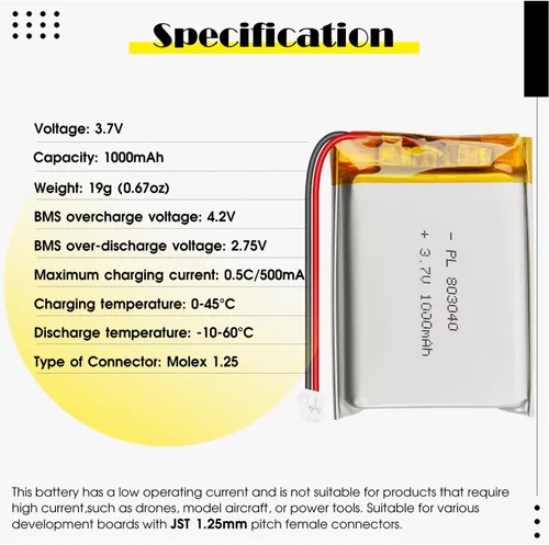 Miniatura 3 de 803040 3.7V 1000mAh LiPo Batería - Batería recargable de polímero de litio con placa de protección y conector Micro JST 1.25 para dispositivo