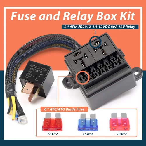 Miniatura 3 de Caja de relé de fusibles precableada con 2 ranuras de relé y 6 portafusibles ATC/ATO, 2 relés de 4 pines 80 A y 6 fusibles ATC ATO, bloque