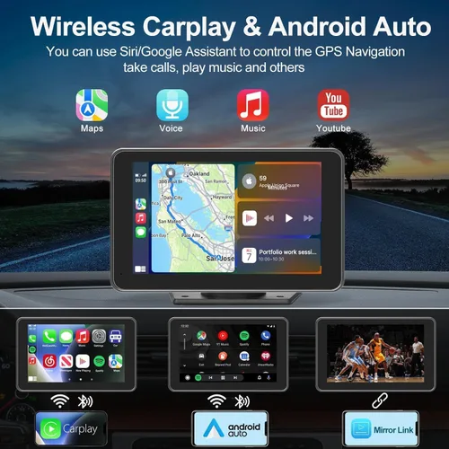 Miniatura 2 de Pantalla portátil para Apple Carplay/Android Auto para coche, pantalla táctil HD de 7 pulgadas, juego de coche inalámbrico con cámara de respaldo